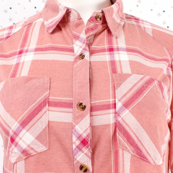 Knit Plaid Button Up Shirt Hi Lo Hem Salmon Pink - Picture 4 of 8